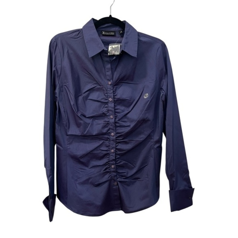 NWOT 7th Avenue Design Studio Cotton Blend Purple Ruched Blouse, Crystal Buttons